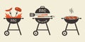 BBQ and grill icon set. Barbecue logo or badge design with fire, meat, steak, sausage, fork and spatula. Vector illustration. Royalty Free Stock Photo